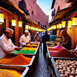 **

"A bustling سوق (souk) scene in مراكش (Marrakech) at sunset. Merchants are selling colorful spices, textiles, and lanterns. People are haggling over prices in dirhams. A traditional tea stall is serving mint tea in ornate glasses. Capture the vibrant energy and rich colors of the Moroccan market."

**