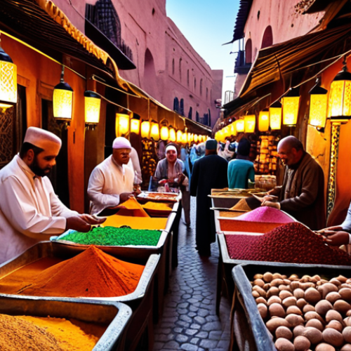 Home 4 **
"A bustling سوق (souk) scene in مراكش (Marrakech) at sunset. Merchants are selling colorful spices, textiles, and lanterns. People are haggling over prices in dirhams. A traditional tea stall is serving mint tea in ornate glasses. Capture the vibrant energy and rich colors of the Moroccan market."
**