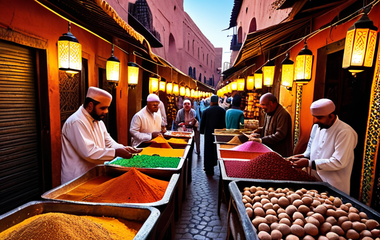 **
"A bustling سوق (souk) scene in مراكش (Marrakech) at sunset. Merchants are selling colorful spices, textiles, and lanterns. People are haggling over prices in dirhams. A traditional tea stall is serving mint tea in ornate glasses. Capture the vibrant energy and rich colors of the Moroccan market."
**